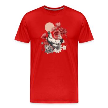 Vintage Huhn mit roten Blüten – Boho Illustration - Männer Premium Bio T-Shirt - Rot - Vorne - Damien (186cm)