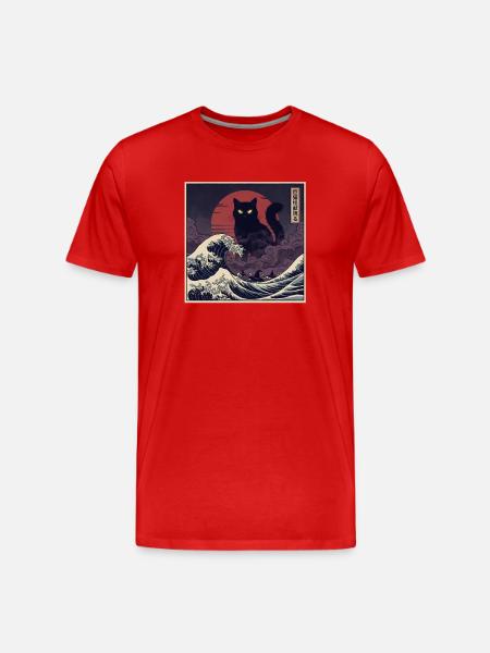Giant Kaiju Cat Over Waves 巨猫怪獣現る - Men's Premium Organic T-Shirt - red