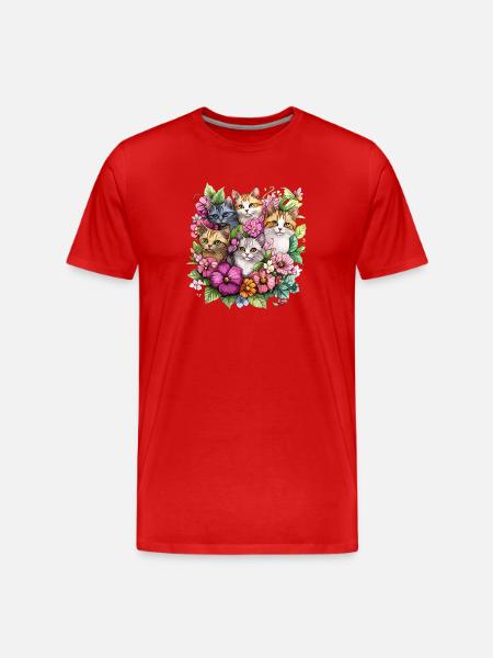 Katzen im Blumengarten - Männer Premium Bio T-Shirt - Rot