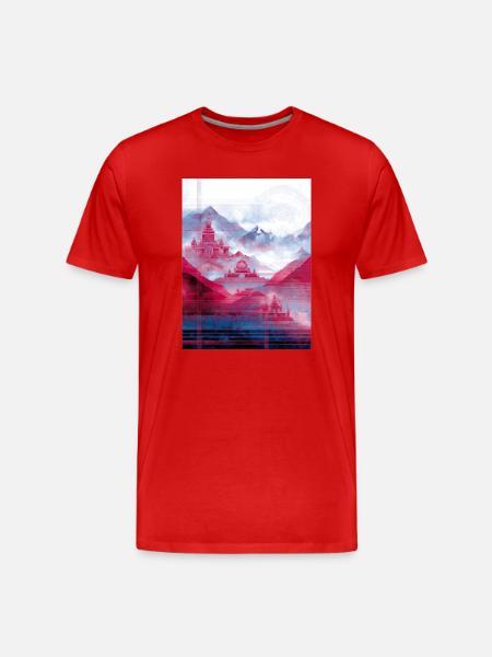 Psy-Art - Tempel über Berglandschaft - Männer Premium Bio T-Shirt - Rot