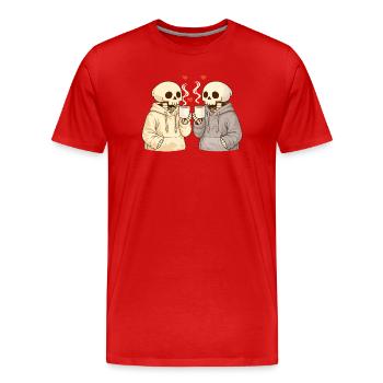 Cozy Skelett Paar mit Tassen – Warme Momente - Männer Premium Bio T-Shirt - Rot - Vorne - Damien (186cm)