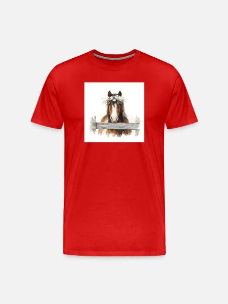 Blütengekröntes Pferd über Zaun - Männer Premium Bio T-Shirt - Rot