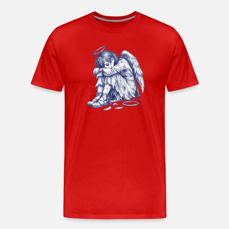 Trauriger Engel  | Handgemalte Zeichnung  - Männer Premium Bio T-Shirt - Rot