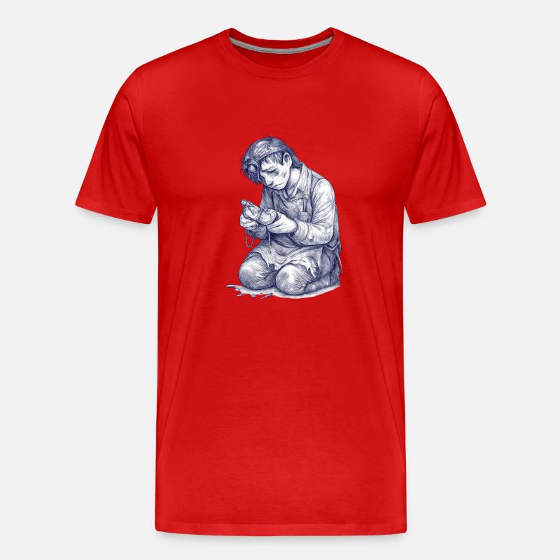 Kniender Handwerker | Handgemalte Zeichnung - Männer Premium Bio T-Shirt - Rot