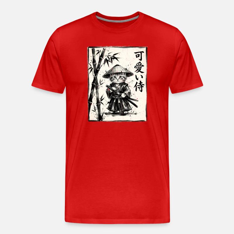 Samurai Cat Sumi-e Ink Drawing - Men's Premium Organic T-Shirt - red