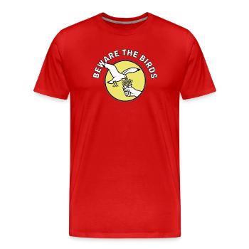 Méfiez-vous des oiseaux, mouettes, frites - T-shirt bio Premium Homme - rouge - Devant - Damien (186cm)
