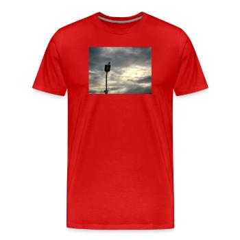 Vogel auf einem Laternenpfahl unter Wolken - Männer Premium Bio T-Shirt - Rot - Vorne - Damien (186cm)