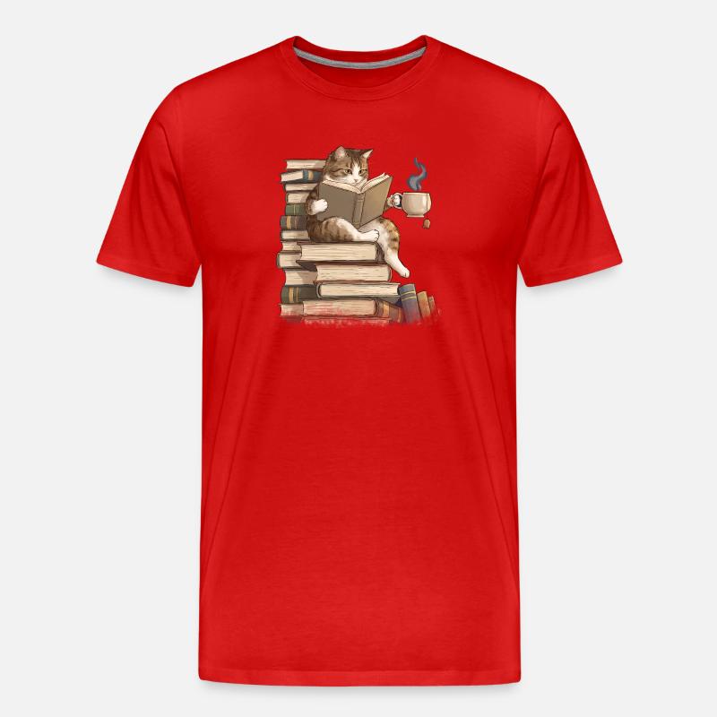 Katze liest Bücher - Männer Premium Bio T-Shirt - Rot