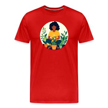 Frau beim Pflanzen eintopfen Topf Garten Motiv - Männer Premium Bio T-Shirt - Rot - Vorne - Damien (186cm)