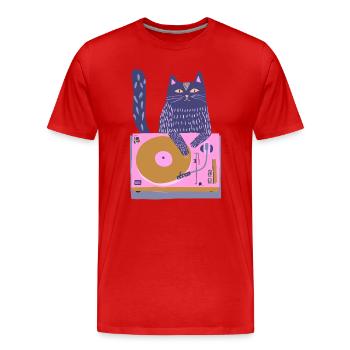 Lila DJ-Katze auf pinkem Plattenteller - Männer Premium Bio T-Shirt - Rot - Vorne - Damien (186cm)