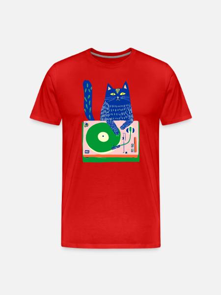Blue Cat DJ on Whimsical Turntable - Men's Premium Organic T-Shirt - red