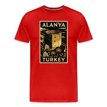 Alanya Turkey – Affiche de voyage en linogravure dorée/noire - T-shirt bio Premium Homme - rouge - Devant - Damien (186cm)