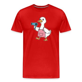 Canard avec sèche-cheveux en manteau rose - T-shirt bio Premium Homme - rouge - Devant - Damien (186cm)