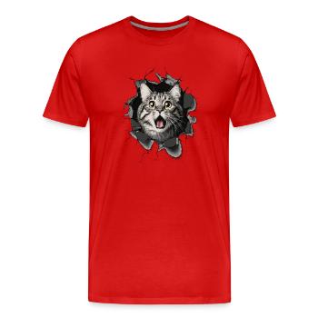 Katze erschrocken Mauer Durchbruch Risse  - Männer Premium Bio T-Shirt - Rot - Vorne - Damien (186cm)