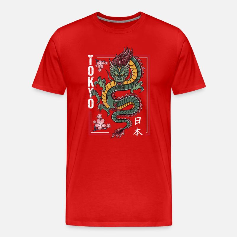 Japanischer Drache mit Kirschblüten - Männer Premium Bio T-Shirt - Rot