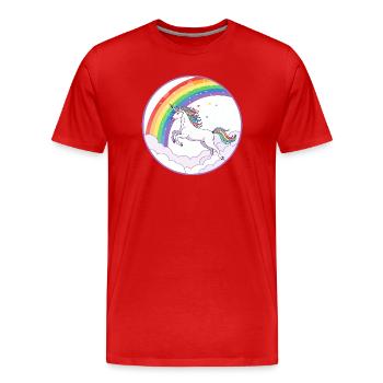 Regenbogen Einhorn über Wolken Herzchen Motiv - Männer Premium Bio T-Shirt - Rot - Vorne - Damien (186cm)