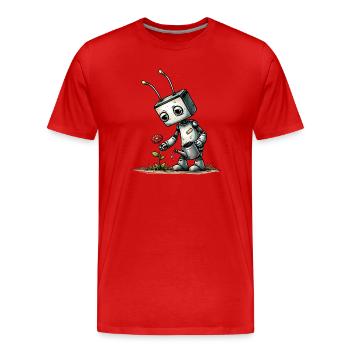 Roboter gießt eine Blume  - Männer Premium Bio T-Shirt - Rot - Vorne - Damien (186cm)