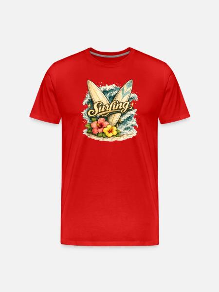 Surfing with waves and hibiscus flowers - Men's Premium Organic T-Shirt - red
