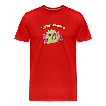 Niedlicher Scrollasaurus-Dinosaurier scrollt auf dem Handy - Männer Premium Bio T-Shirt - Rot - Vorne - Damien (186cm)