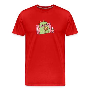 Süßer Dinosaurier entspannt und scrollt auf dem Handy - Männer Premium Bio T-Shirt - Rot - Vorne - Damien (186cm)