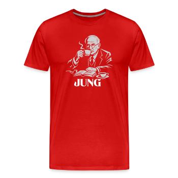Carl Gustav Jung trinkt einen Kaffeeportarit - Männer Premium Bio T-Shirt - Rot - Vorne - Damien (186cm)
