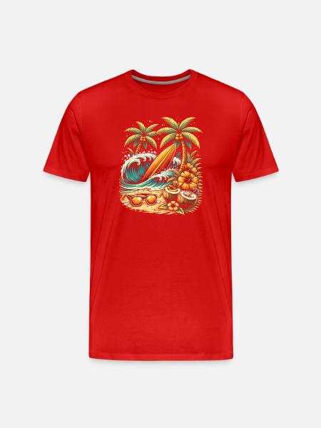 Surfboard on the beach illustration - Men's Premium Organic T-Shirt - red