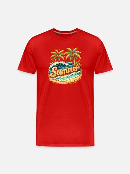 Palm Trees Beach Waves Illustration - Men's Premium Organic T-Shirt - red
