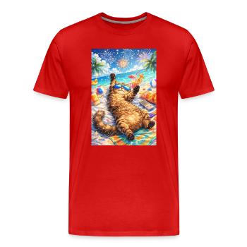 Chat tropical en fête sur plage - T-shirt bio Premium Homme - rouge - Devant - Damien (186cm)