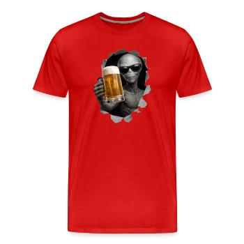 Alien Drinking Beer Looking Out Of Shirt - Men's Premium Organic T-Shirt - red - Front - Damien (186cm)