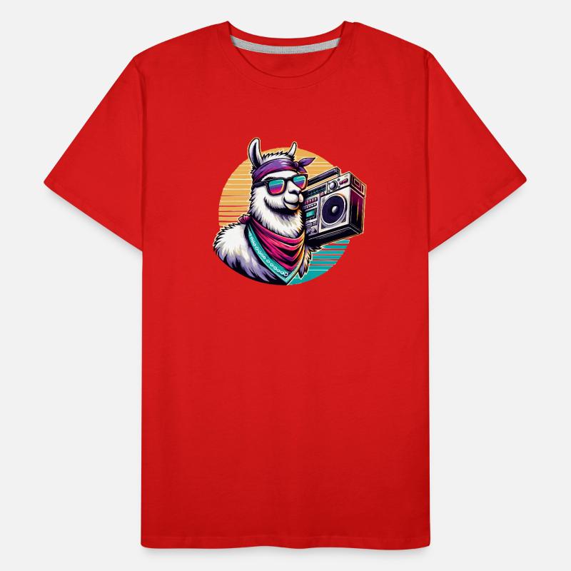 Llama avec boombox dans une ambiance rétro T-shirt bio Premium Homme