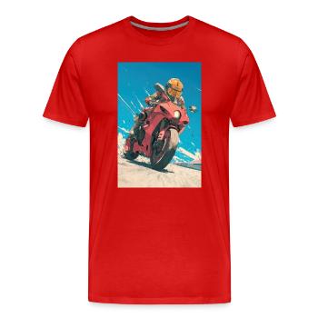 Cavalier de moto cramoisi sur le ciel bleu - T-shirt bio Premium Homme - rouge - Devant - Damien (186cm)