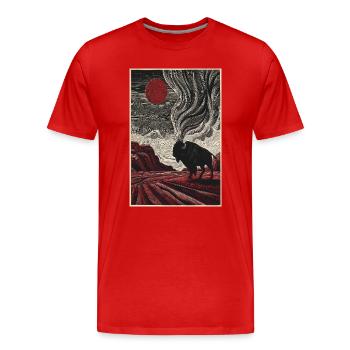 Bison unter purpurroter Sonne in geätzter Landschaft - Männer Premium Bio T-Shirt - Rot - Vorne - Damien (186cm)