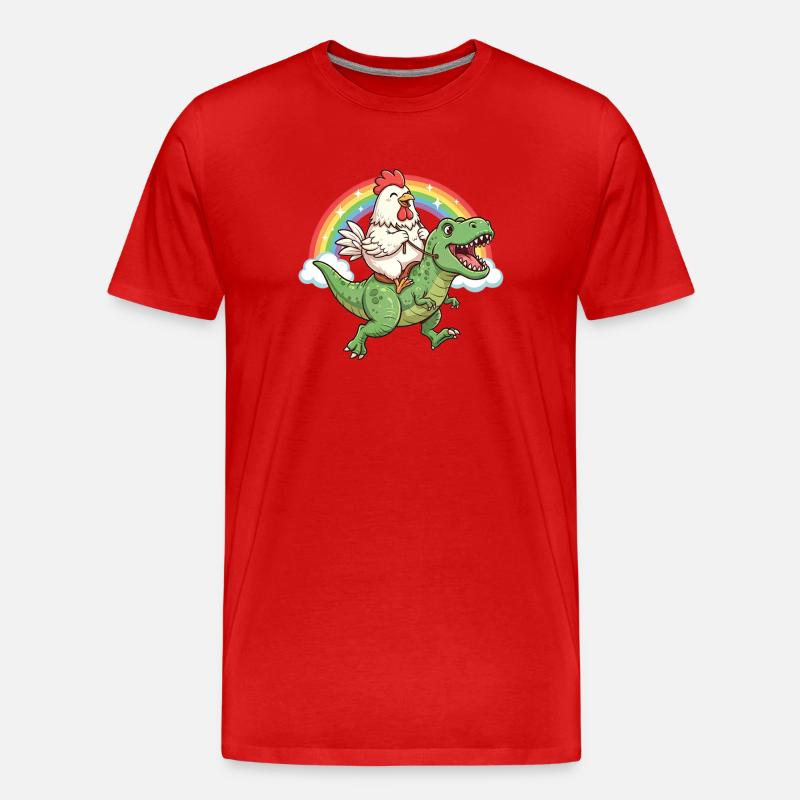 Huhn Reitender T-Rex Dinosaurier Regenbogen - Männer Premium Bio T-Shirt - Rot