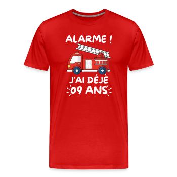 Alarme J’ai Déjà 9 Ans, Anniversaire Pompier - T-shirt bio Premium Homme - rouge - Devant - Damien (186cm)