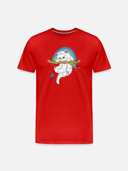 Cat on branch plays with butterfly - Men's Premium Organic T-Shirt - red