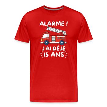 Alarme J’ai Déjà 15 Ans, Anniversaire Pompier - T-shirt bio Premium Homme - rouge - Devant - Damien (186cm)