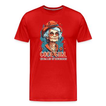 Erfahrene Charmefrau Illustration - Männer Premium Bio T-Shirt - Rot - Vorne - Damien (186cm)