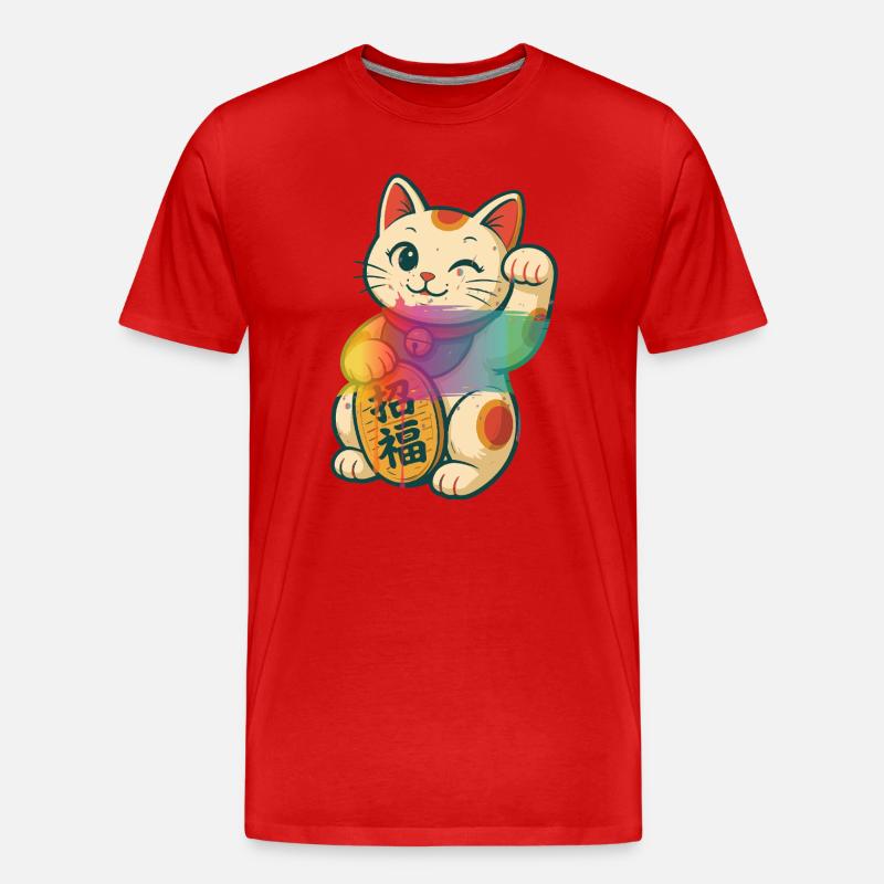 Winkende Glückskatze mit Regenbogen Effekt - Männer Premium Bio T-Shirt - Rot