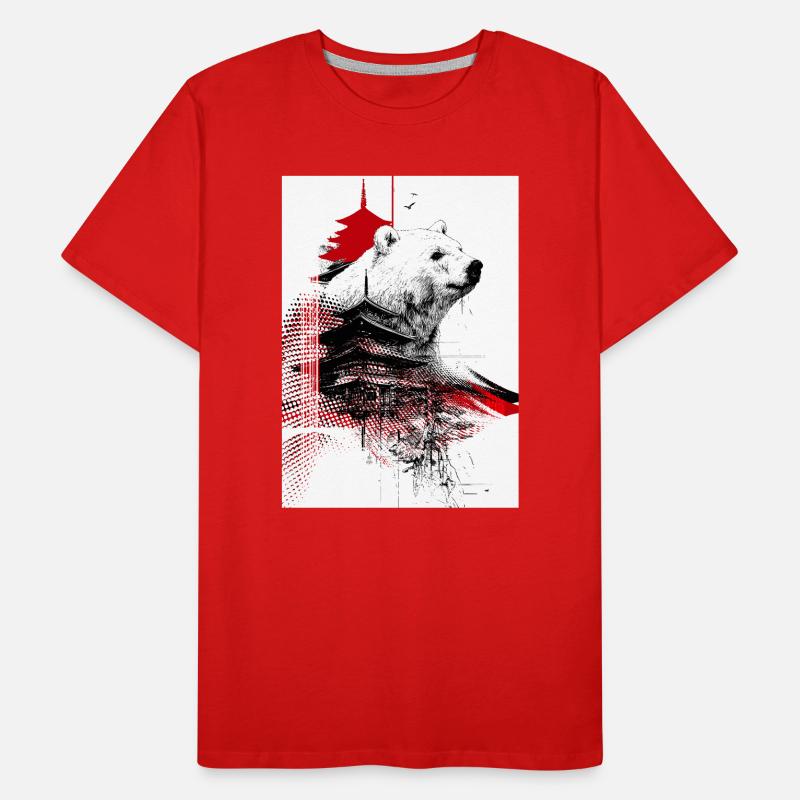Beren en Pagodes in rode gravure Mannen premium biologisch T-shirt