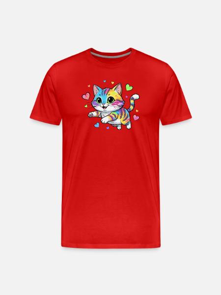 Rainbow Cat with Hearts - Men's Premium Organic T-Shirt - red