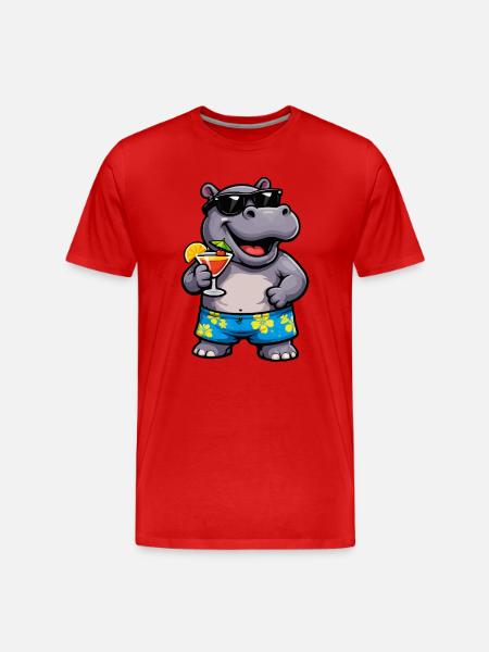 Hippo with Cocktail Hawaiian Shorts - Men's Premium Organic T-Shirt - red