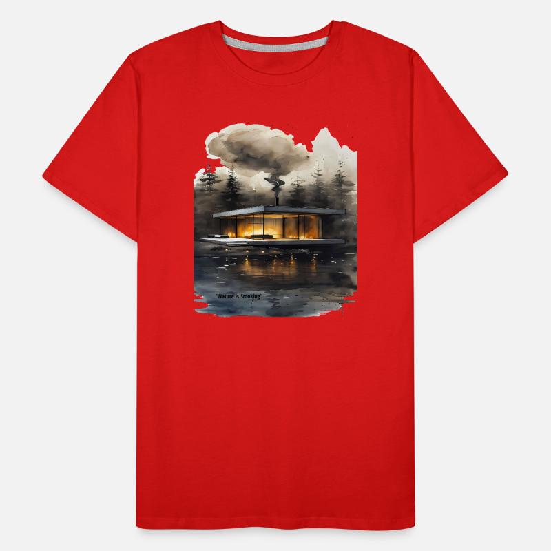 Cabane moderne éclairée par le feu sur le lac T-shirt bio Premium Homme