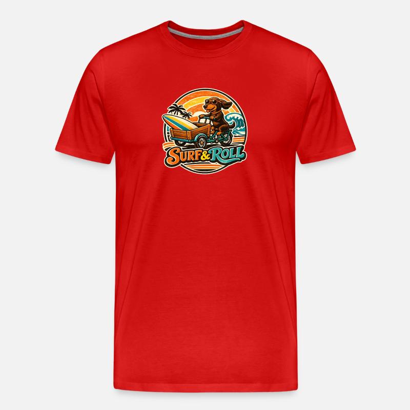 Surf & Roll Dachshund with Surfboard - Men's Premium Organic T-Shirt - red