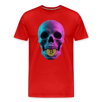 Bitcoin Skull Wireframe Design Cyan Magenta - Men's Premium Organic T-Shirt - red - Front - Damien (186cm)