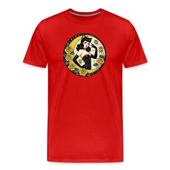 Mondbeschienenes Pinup-Katzenmädchen und Rosen - Männer Premium Bio T-Shirt - Rot - Vorne - Damien (186cm)