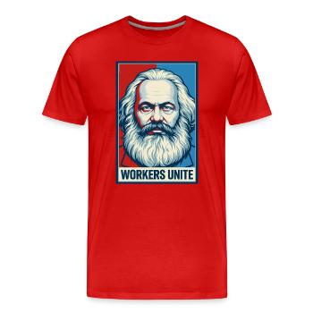 Marx-Porträt: Workers Unite-Plakat - Männer Premium Bio T-Shirt - Rot - Vorne - Damien (186cm)