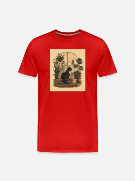 Cozy Cat by Window with Plants - Men's Premium Organic T-Shirt - red