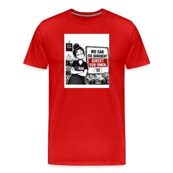 „Wo sind die Bananen?“ – Direkt vor Ihnen. - Männer Premium Bio T-Shirt - Rot - Vorne - Damien (186cm)