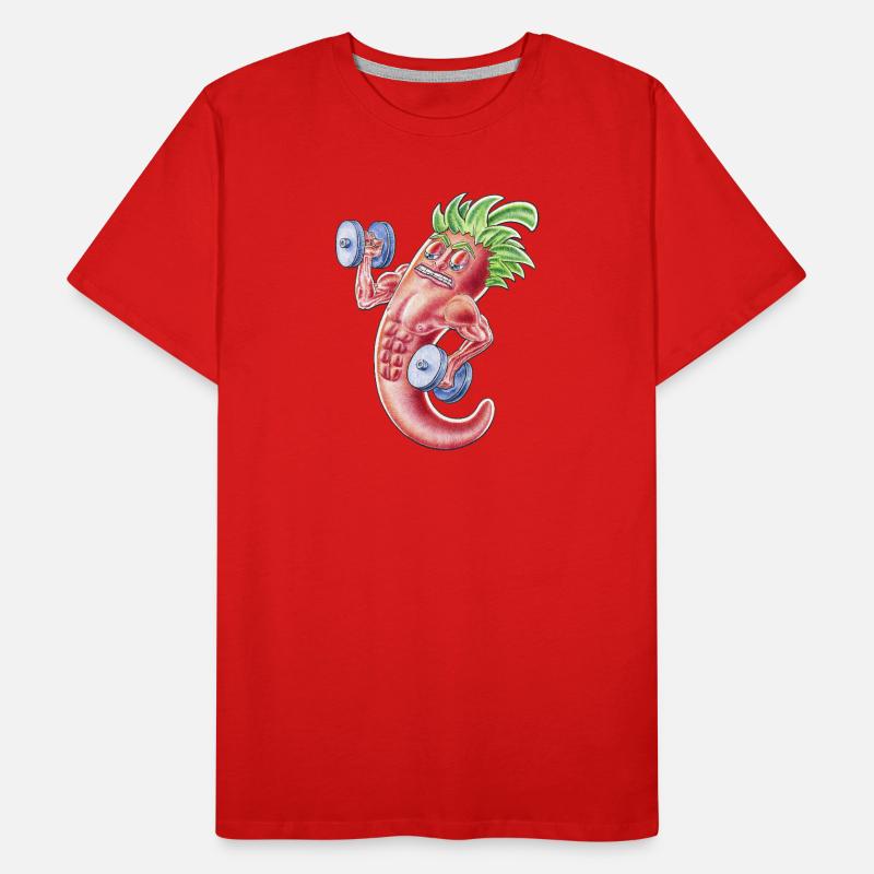 Muscular Chilli Cartoon Pepper Lifting Weights Men's Premium Organic T-Shirt