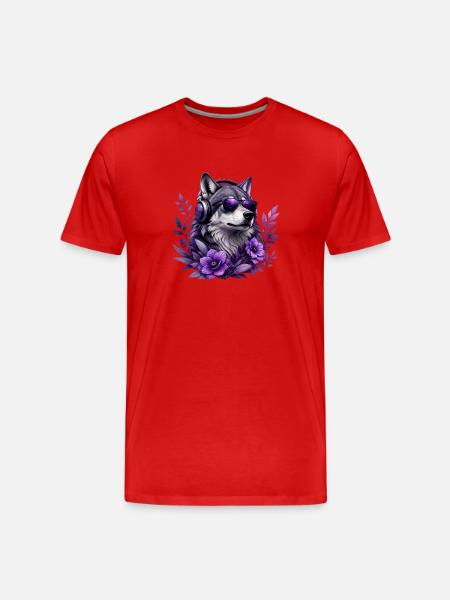 Lila Wolf DJ mit Blütenkranz - Männer Premium Bio T-Shirt - Rot